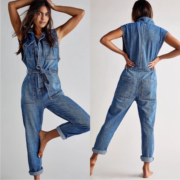 FREE PEOPLE Sydney Sleeveless Jumpsuit in Breezy Blue Denim...
